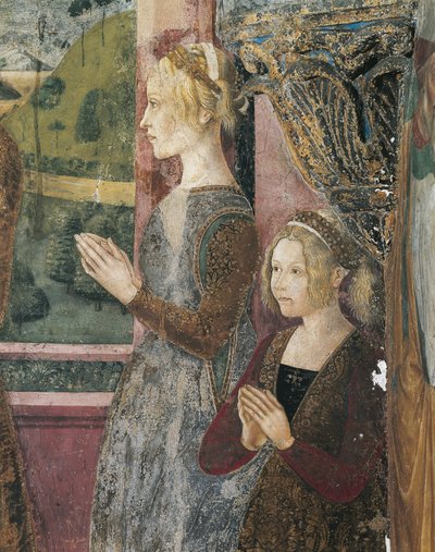 Italien, Region Piemont, Provinz Alessandria, Serralunga di Crea, Sacro Monte di Crea, Heiligtum Santa Maria Assunta, Kapelle der Heiligen Margareta von Antiochia, Fresko, das Paleologo und Bernarda di Bosse darstellt von Master of Crea
