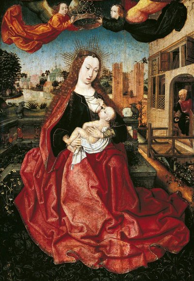 Madonna und Kind, gekrönt von zwei Engeln von Master of Frankfurt
