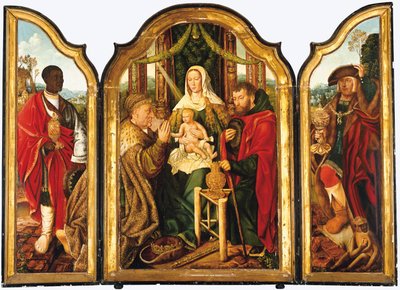 Die Heilige Familie mit Melchior, der dem Christkind Gold darbringt von Master of Frankfurt