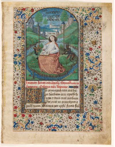 Blatt aus einem Stundenbuch: Johannes auf Patmos 1 von 2 ausgeschnittenen Blättern, ca. 1465 von Master of Jacques de Luxembourg