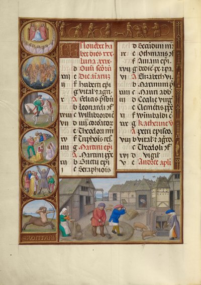 November Kalenderseite; Dreschen und Schweinefütterung; Schütze von Master of James IV of Scotland