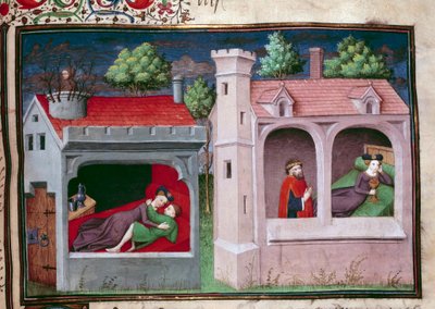 Galante Szene: Zwei Paare im Gespräch. Seite eines Manuskripts in Französisch des „Decameron“ von Giovanni Boccaccio (1313-1375), italienischer Schriftsteller, illuminiert vom Meister von Mansel. 1450. Paris, Bibliothek des Arsenal von Master of Jean Mansel