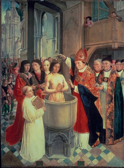 Die Taufe von Chlodwig I. in Reims durch den heiligen Remigius am 25.12.496 (oder 499), ca. 1490-1510 von Master of Saint Giles