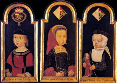 Erzherzog Karl, der spätere Heilige Römische Kaiser Karl V., mit seinen Schwestern Eleonore und Isabella im Alter von 2 Jahren, 1502 von Master of St.Georgsgilde