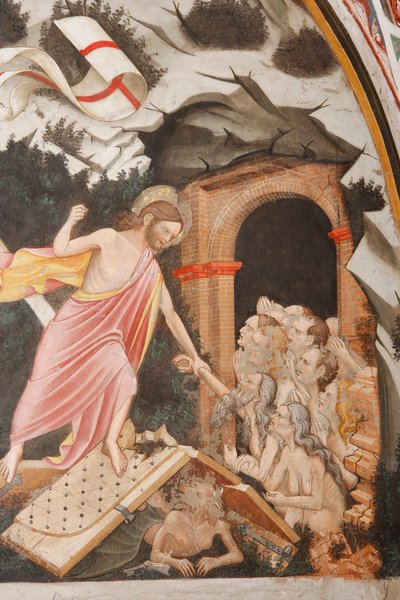 Auferstehung und Abstieg in die Vorhölle (Detail): Jesus ergreift Adams Hand. Zu Füßen Christi die Tore der Hölle und die Figur des Teufels auf dem Boden, ca. 1420 von Master of Vignola