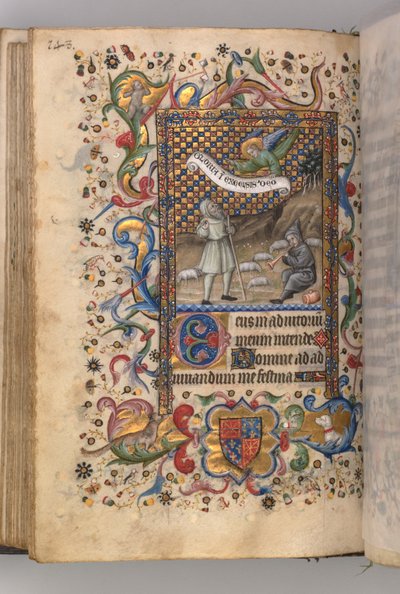 Stundenbuch von Karl dem Edlen, König von Navarra 1361-1425: Verkündigung an die Hirten...verso, c1 von Master of the Brussels Initials and Associates