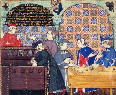 Geiz. Eine Miniatur mit Szenen des Bankwesens von Master of the Cocharelli Codex