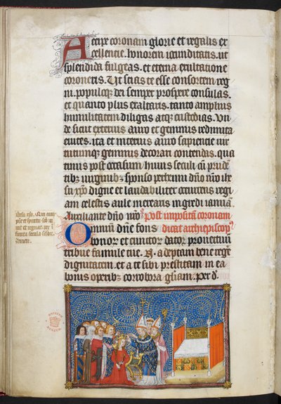 Der Erzbischof von Reims setzt der Königin die Krone auf, die Barone halten ihre Krone, Illustration aus 
