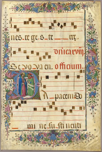 Seite aus einem Chorbuch mit Christus und einem Pharisäer in einem historisierten Initial "D" von Master of the Cypresses