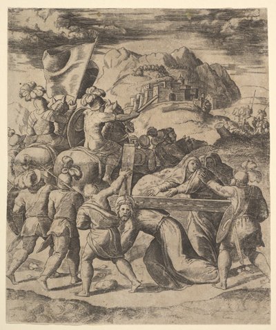 Christus trägt das Kreuz, umgeben von Soldaten, einige zu Pferd, 1530-60 von Master of the Die
