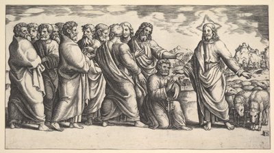 Christus steht links und zeigt auf eine Schafherde, vor ihm kniet St. Peter von Master of the Die
