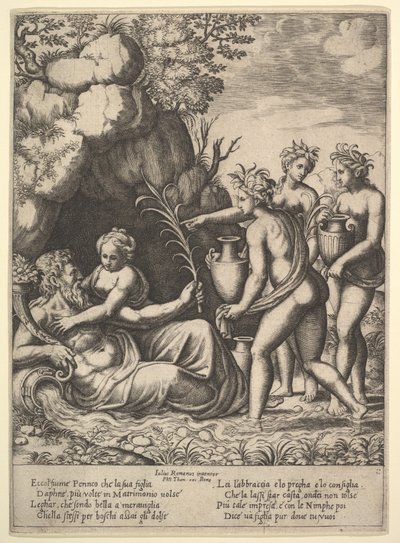 Daphne umarmt ihren Vater, den Flussgott Peneus, links bringen drei Nymphen Krüge ..., 1530-60 von Master of the Die