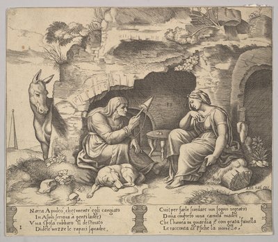 Tafel 1: Apuleius verwandelt sich in einen Esel und hört die Geschichte der alten Frau, 1520-70 von Master of the Die