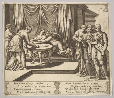 Tafel 8: Psyche sitzt an einem Tisch und wird von unsichtbaren Dienern bedient, Eros neben der g..., 1530-60 von Master of the Die