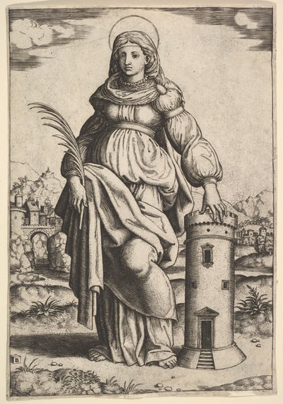 Heilige Barbara stehend, Palme in der rechten Hand, linke Hand auf einem Turm ruhend, 1530-60 von Master of the Die
