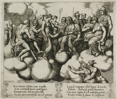 Venus und Amor plädieren vor Jupiter und anderen Göttern von Master of the Die