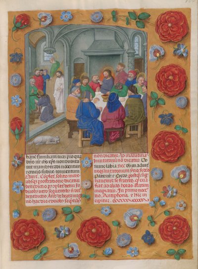 Temporale (1. Teil: vom Ersten Adventssonntag bis Karsamstag). Das letzte Abendmahl (Gründonnerstag, Matutin). Rand mit Blumendekoration. Zwei Textspalten. von Master of the Dresden Prayer Books