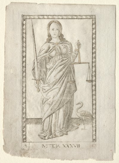 Gerechtigkeit aus den Tarocchi, Serie B: Kosmische Prinzipien & Tugenden, Nr. 37, vor 1467 von Master of the E Series Tarocchi
