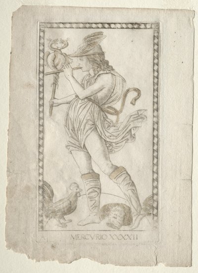 Merkur aus den Tarocchi, Serie A: Firmamente des Universums, #42, vor 1467 von Master of the E Series Tarocchi