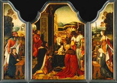 Triptychon: Anbetung der Könige, mit dem heiligen Jakobus, der den Stifter präsentiert, und der heiligen Katharina von Alexandria, die die Frau und zwei Töchter des Stifters präsentiert von Master of the Holy Blood