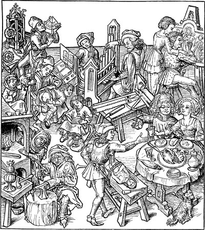 Merkur und seine Kinder. Illustration aus dem Hausbuch von Master of the Housebook