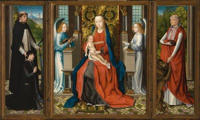 Triptychon der Madonna mit Kind und Engeln; Stifter und sein Schutzheiliger Petrus Märtyrer; und Heiliger Hieronymus von Master of the Legend of Saint Lucy
