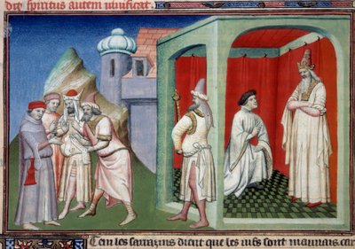 Johannes von Mandeville und der Sultan. Kontroverse zwischen Christen und Muslimen dargestellt von Jean de Mandeville, Entdecker aus Lüttich (1300-1372) und dem Sultan der Sarazenen. Miniatur in „Das Buch der Wunder der Welt“ von Master of the Mazarine