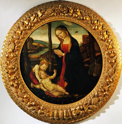 Madonna mit Kind und dem kleinen Johannes dem Täufer, Gemälde zugeschrieben dem Meister des Tondo Miller (Ende des 15. Jahrhunderts) von Master of the Miller Tondo (attr. to)