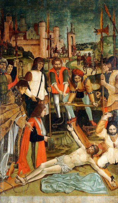 Christus ans Kreuz genagelt mit einem Spender mit einem Arm in einer Schlinge, präsentiert von einem Priester von Master of the Pavia Deposition