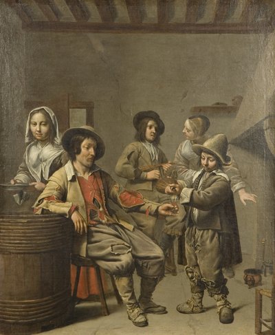 Junge schenkt einem Landmann ein Glas Wein ein, um 1650 von Master of the Processions
