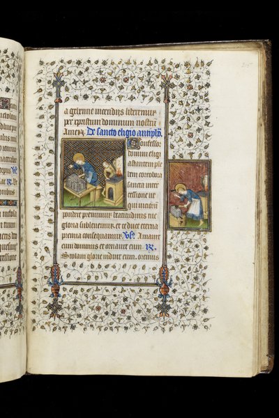 Ms 62 f.215r St. Eligius macht ein Heiligtum; St. Eligius an einem Amboss, aus einem Stundenbuch, ca. 1445-50 von Master of the Rohan Hours