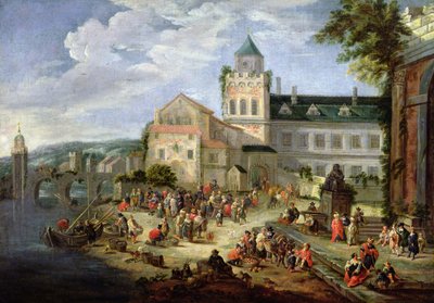 Markt am Ufer eines Flusses von Mathys Schoevaerdts