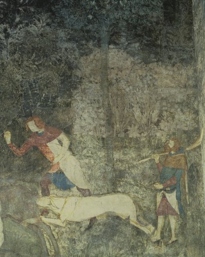 Männer jagen mit Hunden, Detail (Dekorationsschema aus La Chambre du Cerf) von Matteo Giovanetti