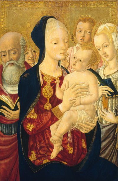 Madonna und Kind mit dem Heiligen Hieronymus, der Heiligen Katharina von Alexandria und Engeln, ca. 1465-1470 von Matteo di Giovanni