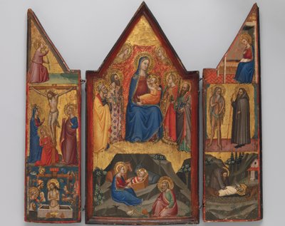 Madonna und Kind auf dem Thron mit Heiligen... und darunter die Geburt..., ca. 1380-90 von Matteo di Pacino