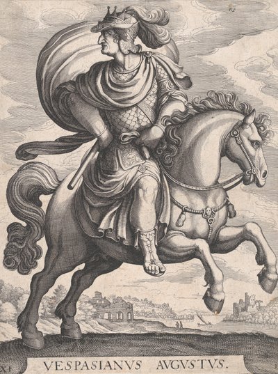 Kaiser Vespasian zu Pferd, aus der Serie Die ersten zwölf römischen Kaiser, Platte 1..., 1610-50 von Matthaus Merian