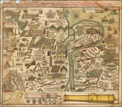 Allegorische Karte von Seutter aus dem Jahr 1720, die die Kriegskunst zu Land und zu Wasser zeigt von Matthäus Seutter
