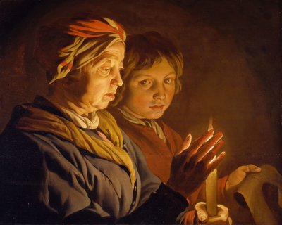 Alte Frau und ein Junge bei Kerzenlicht, 1630-1650 von Matthias Stomer