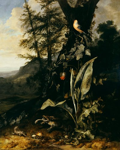 Ein Waldboden mit einer Kröte und einer Eidechse, ein Gimpel auf einem Efeuzweig darüber und ein Berg im Hintergrund von Matthias Withoos