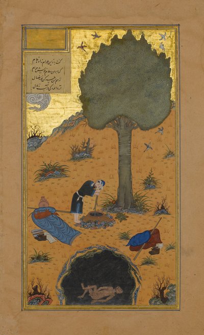 Wie ein Prahler in einem Brunnen ertrank, Folio 33v aus einem Haft Paikar..., ca. 1430 von Maulana Azhar
