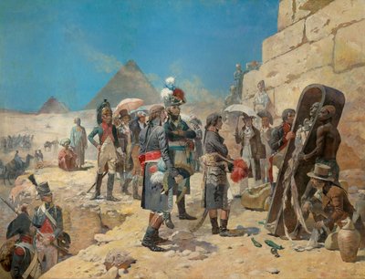 Napoleon Bonaparte vor den Pyramiden, die Mumie eines Königs betrachtend, in der Landschaft Ägyptens von Maurice Henri Orange
