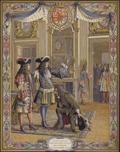 König Ludwig XIV., Herzog von Anjou, zum König von Spanien ausgerufen, empfängt die Huldigung seines Botschafters von Maurice Leloir