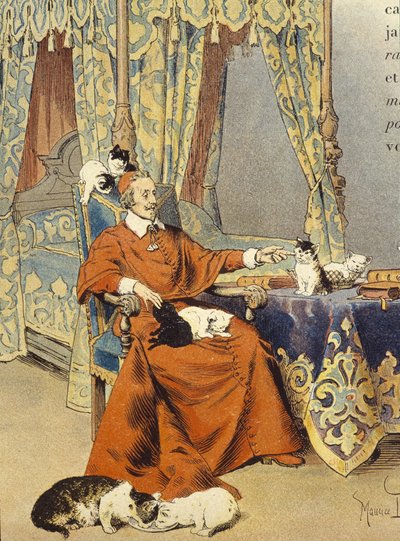 Der Kardinal spielt mit seinen Katzen, die er besonders liebte - in „Richelieu“ von Maurice Leloir, Anfang 20. Jahrhundert von Maurice Leloir