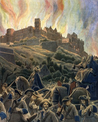 Der Brand des Heidelberger Schlosses, bombardiert von den französischen Truppen unter General Ezechiel du Mas von Maurice Leloir