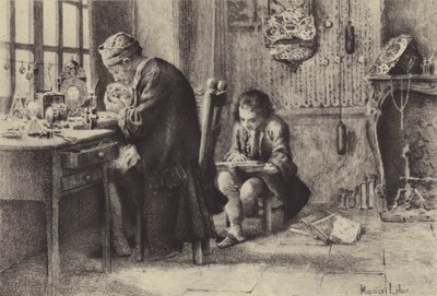 Der junge Jean-Jacques Rousseau liest, während sein Vater arbeitet (Gravur) von Maurice Leloir