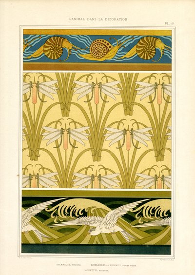 Ränder und Oberflächenmuster mit Meerestieren, Libellen und Möwen von Maurice Pillard Verneuil