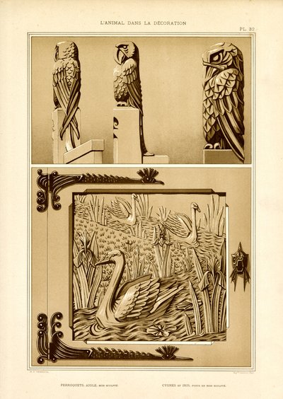 Dekorative Kunstdesigns mit Papagei-, Adler- und Schwanmotiven von Maurice Pillard Verneuil