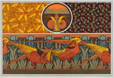 Entwürfe für Tapetenbordüre und Stoff: Vögel, Marienkäfer und Frauenhaarfarn, veröffentlicht 1897 von Maurice Pillard Verneuil