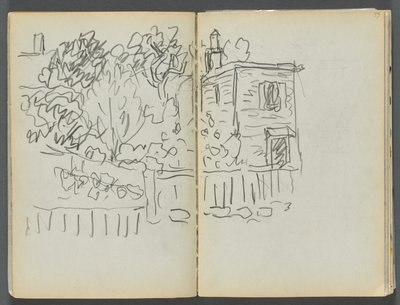 Skizzenbuch - Das Granite Shore Hotel, Rockport, Seite 054 & 55: Haus und eingezäunter Garten von Maurice Prendergast