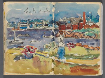 Skizzenbuch - Das Granitküstenhotel, Rockport, Seite 084 & 85: Hafenansicht mit Farbanmerkungen von Maurice Prendergast